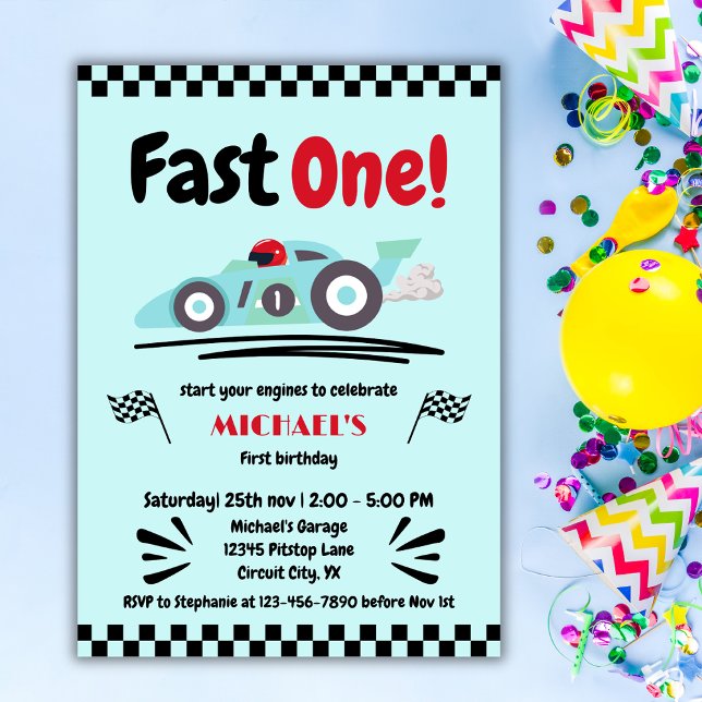 Convite Primeiro Aniversário Rápido Um Carro Azul De Raça  (Criador carregado)