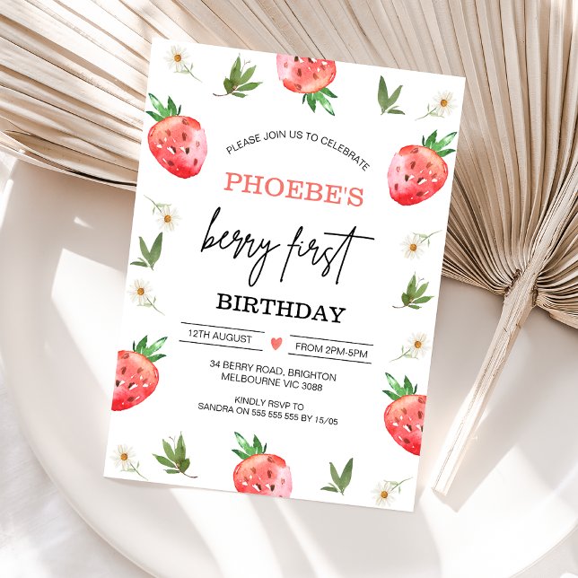Convite Primeiro aniversario Red Strawberry Daisy Berry Sw (Girls Berry First Birthday Invitation, Editable Strawberry 1st Birthday Invite, Daisy, Berry First )