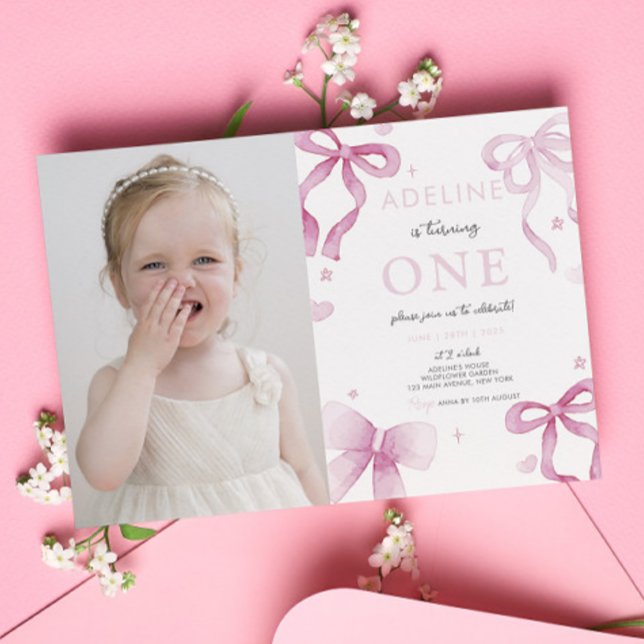 Convite primeiro aniversario Rico Arco Rosa Uma Fotografia (1st Birthday Girl Pink Bow Fancy One Cute Photo Invitation Template Digital Instant Download Cute)