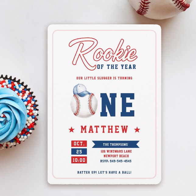 Convite Primeiro aniversario Rookie Azul Red DIVERTIDO Bon (rookie of the year 1st birthday invite boy baseball theme sports all star red blue white milestone)
