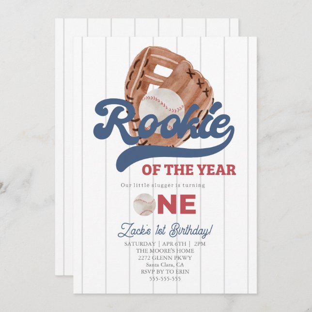 Convite Primeiro aniversario Rookie Baseball glove Boys (Frente/Verso)