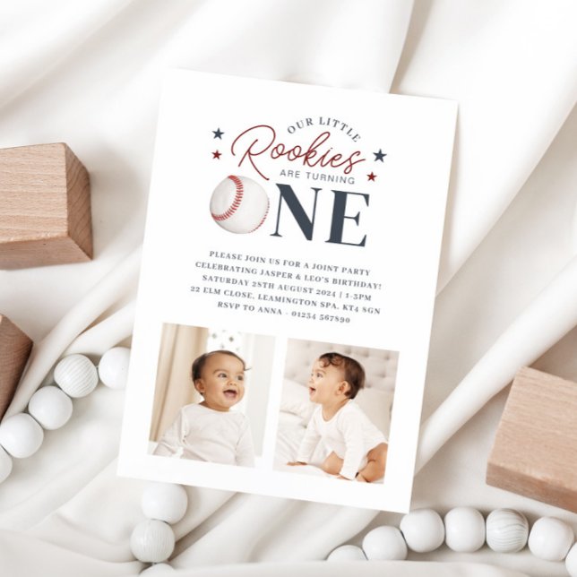 Convite Primeiro aniversario Rookie Twins - Duas Fotografi (Rookie Twins 1st Birthday - Two Photos Invitation)