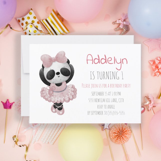 Convite Primeiro aniversario Rosa Ballerina, Urso Panda Ba (Criador carregado)