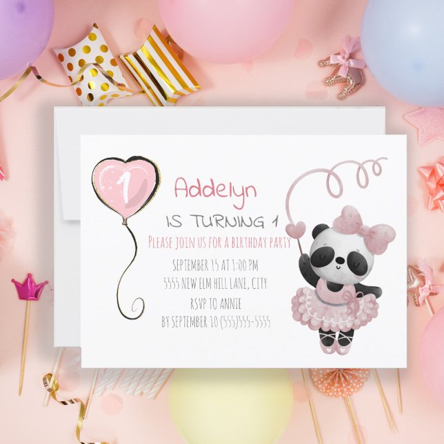 Convite Primeiro aniversario Rosa Ballerina, Urso Panda Ba (Criador carregado)