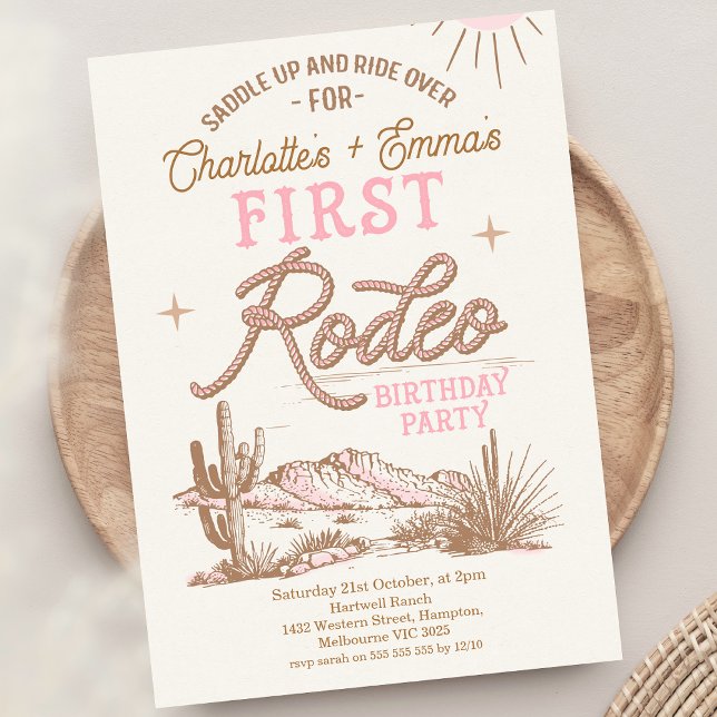 Convite Primeiro aniversario Rosa Castanho Primeiro Rodeo (Pink Brown Twin Girls First Rodeo Birthday Invitation 1st Rodeo 1st Birthday Invite For Twin Girls)