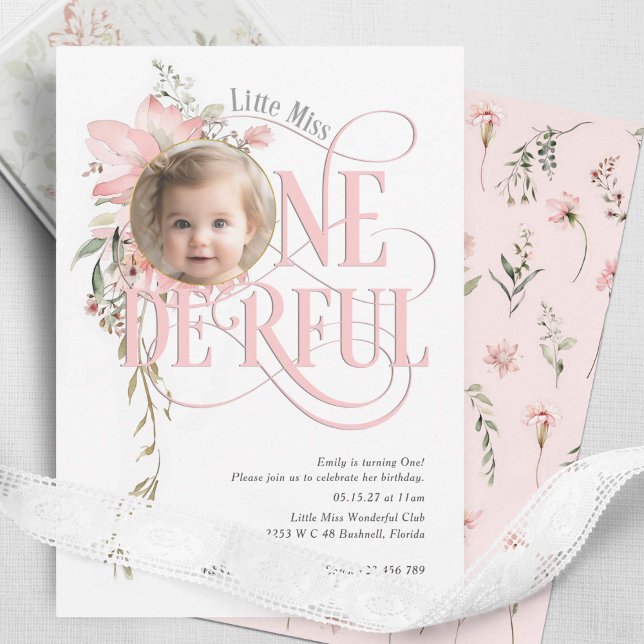 Convite Primeiro aniversario Rosa de Marinha Maravilha Men (Wild flower themed little miss onederland, baby girl 1st birthday invite.)