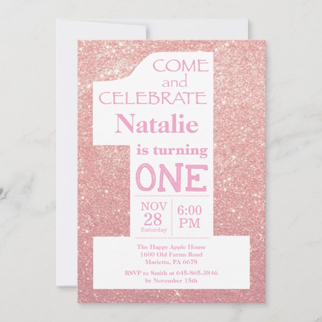 Convite primeiro aniversario Rosa Dourado com Brilho e Con (Frente)