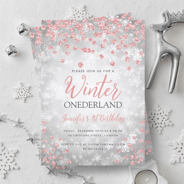 Convite Primeiro aniversario Rosa Dourado de inverno ONEDE (Silver Rose Gold Winter ONEDERLAND 1st Birthday Invitation)