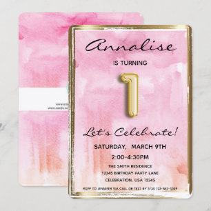 Convite primeiro aniversario Rosa e Dourado
