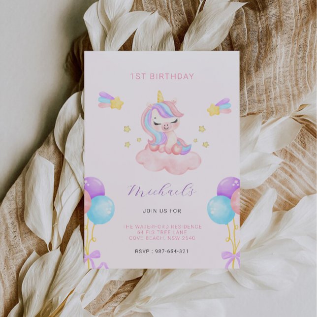 Convite Primeiro aniversario rosa e roxo (Pink and Purple 1st Birthday Invitation)