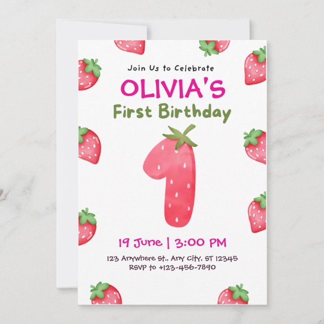 Convite Primeiro Aniversário Rosa E Verde (Frente)