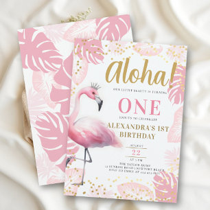 Convite Primeiro aniversario Rosa Flamingo Tropical Hawaii