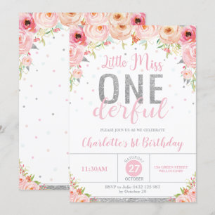 Convite Primeiro aniversario Rosa Floral Pequena Miss Mara