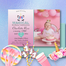 Convite Primeiro aniversario Rosa Girly Magical Unicorn