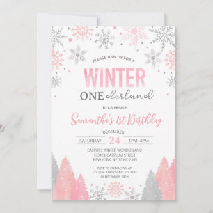 Convite Primeiro aniversario Rosa Onederland Snowflakes