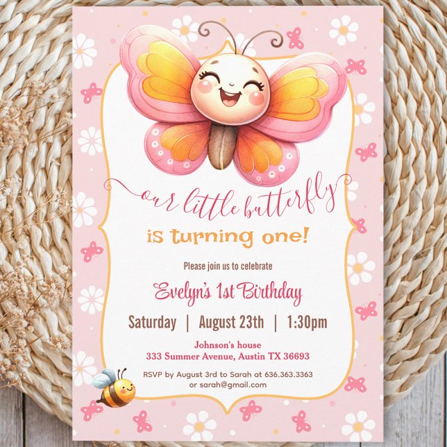 Convite Primeiro aniversario Rosa Rosa-Butterfly (Cute Butterfly Pink Floral Girl 1st Birthday Invitation)