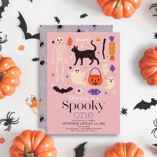 Convite Primeiro aniversario Rosa Spooky One Halloween Mot