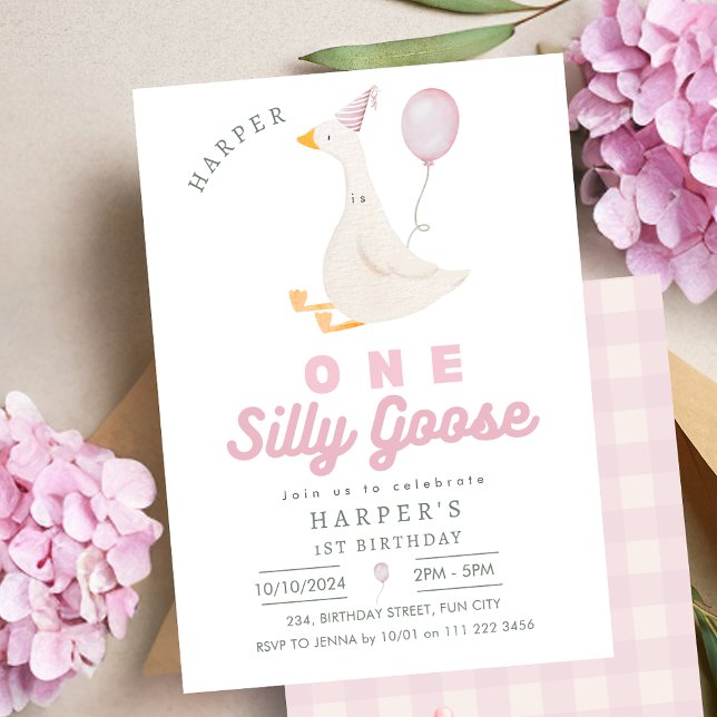 Convite Primeiro aniversario Rosa Um Bobo Ganso Rapariga (Pink One Silly Goose Girl 1st Birthday Invitation)