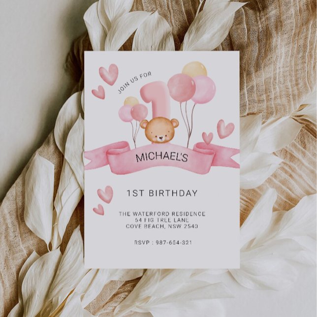 Convite Primeiro aniversario Rosa, Urso de Teddy (Pink 1st Birthday, Teddy Bear Invitation)