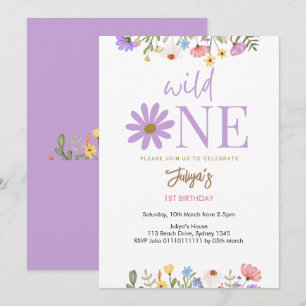 Convite primeiro aniversario roxo de flor selvagem