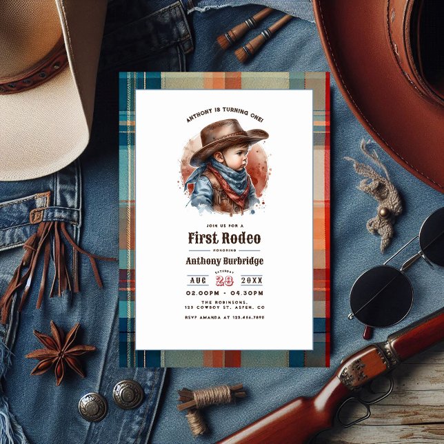 Convite primeiro aniversario Russo de Cowboy "First Rodeo" (“First Rodeo” Rustic Cowboy 1st Birthday Invitation)