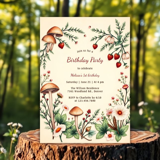 Convite Primeiro aniversario Rustic Berry Nature Mushroom  (Rustic Berry Nature Mushroom Woodland 1st Birthday Invitation)