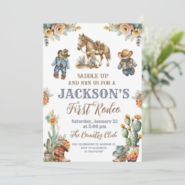 Convite Primeiro aniversario Rustic Boho First Rodeo Wild  (Em pé/Frente)