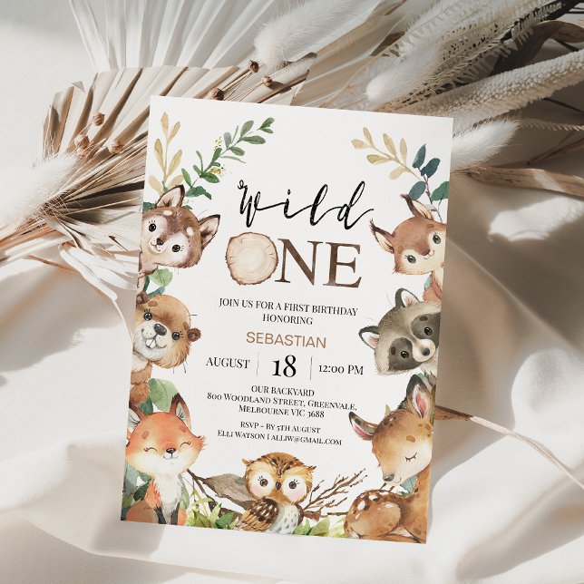 Convite Primeiro aniversario Rustic Brown Wiltic One Boys  (Boy Woodland 1st Birthday Invite,woodland Animals Party Invitation,wild One 1st Birthday Invitation)