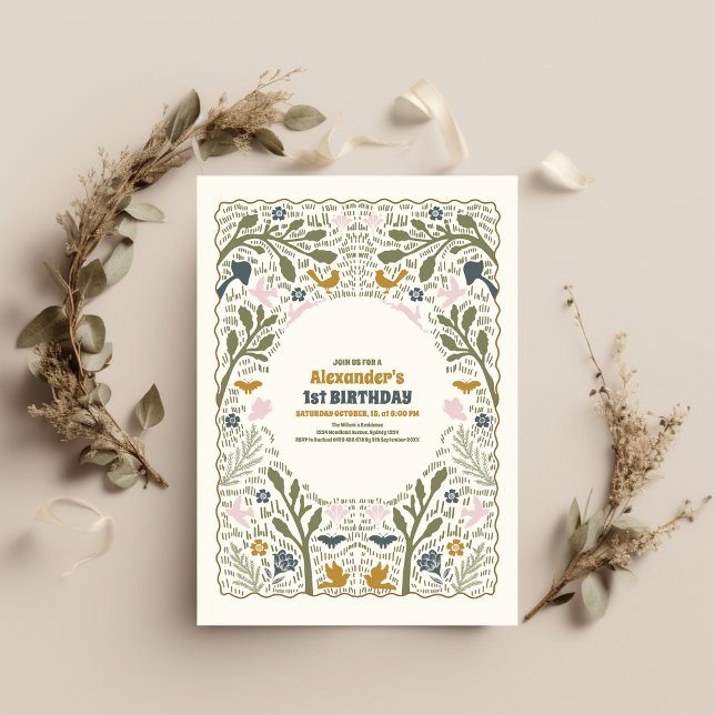 Convite Primeiro aniversario Rustic Green Woodland Fern (Criador carregado)