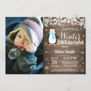 Convite Primeiro aniversario Rustic Penguin Boy de Winter 