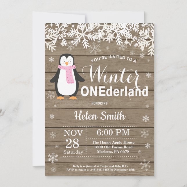 Convite Primeiro aniversario Rustic Penguin em Onederland  (Frente)