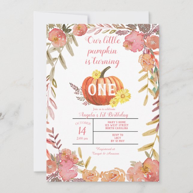 Convite primeiro aniversario Rústico de Abóbora Floral (Frente)
