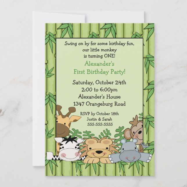 Convite primeiro aniversario Safari divertido (Frente)