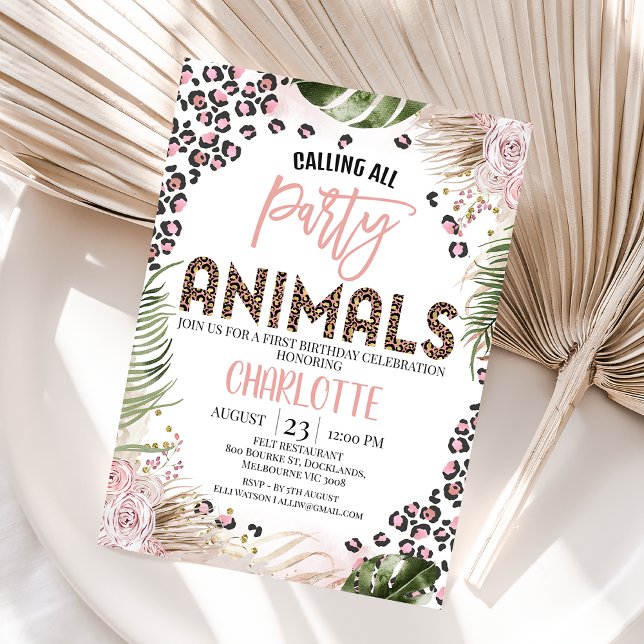 Convite Primeiro aniversario Safari Impressão Verde Rosa (Calling all party animals boho floral and foliage safari first birthday invitation for a girl.)