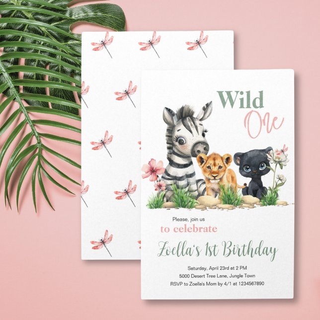 Convite Primeiro Aniversário, safari selvagem do Partido d (Safari Jungle Animals Zebra Tiger Panther Dragonflies Pink Wild One Birthday Invitation)