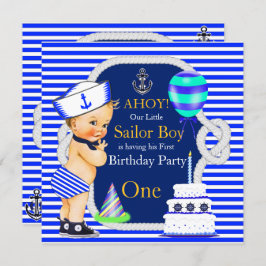 Convite primeiro aniversario Sailor Boy Marinho Blue Strip