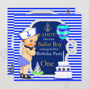 Convite primeiro aniversario Sailor Boy Marinho Blue Strip