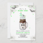 Convite Primeiro aniversario Scary One Green Ghost Milksha<br><div class="desc">O tema do primeiro aniversario fantasma "Um fantasma",  com a ilustração aquosa de um tremor fantasma de Mason jar halloween,  tocado com aspersão verde,  morcego,  e "1" para o topo da vela com palha verde. A borda apresenta designs de cor d'água de cinza,  confete verde e morcegos.</div>