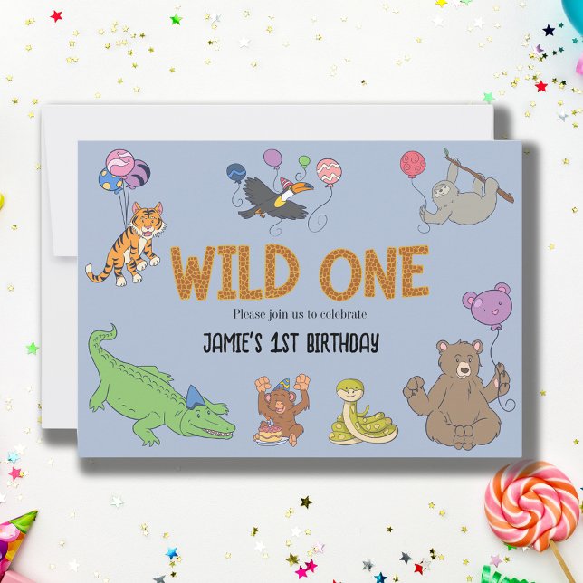 Convite primeiro aniversario Selvagem - Animais Safari Sel (Wild one 1st birthday invitation. Blue jungle safari animals with balloons.)