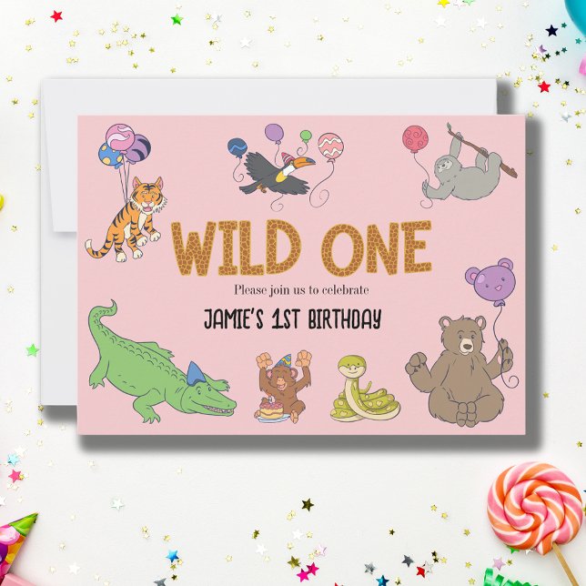 Convite primeiro aniversario Selvagem - Animais Safari Sel (Wild one 1st birthday pink safari jungle birthday invitation.)