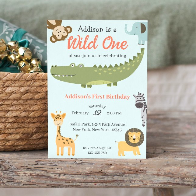 Convite Primeiro aniversario Selvagem de Animais Safari Cu (Wild One African Safari Animals 1st Birthday Party Invitation)
