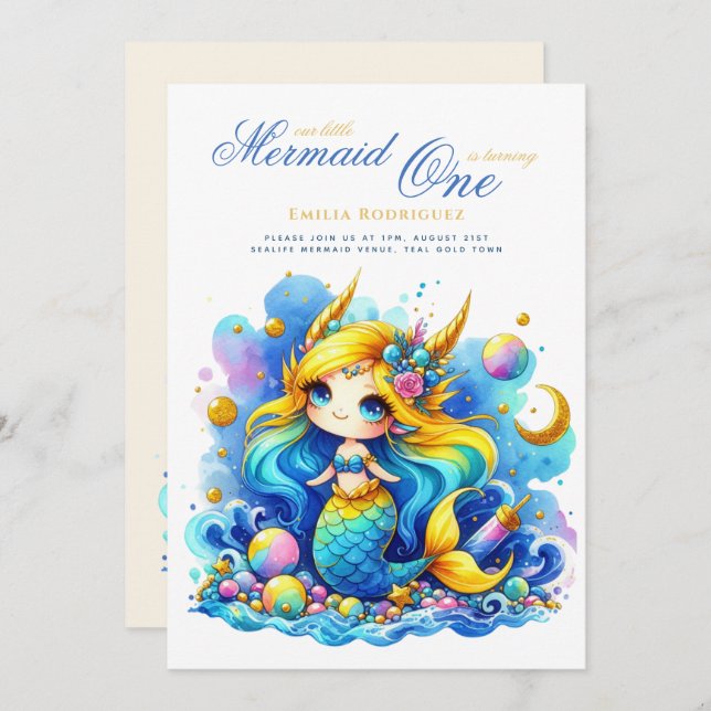 Convite Primeiro aniversario Sereia ou EDIT AGE Teal GoldB (Frente/Verso)