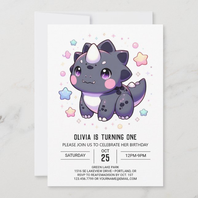 Convite Primeiro aniversario Simples de Dinossauro Mítico (Frente)