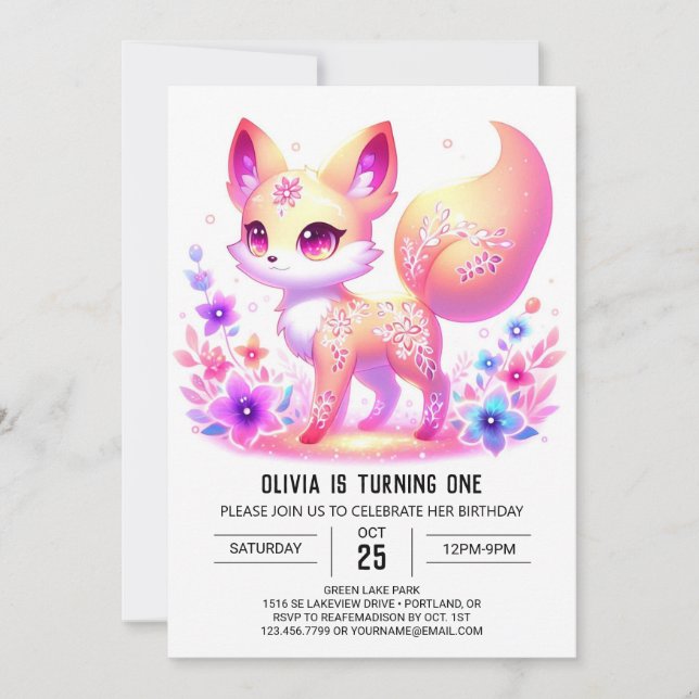 Convite Primeiro aniversario Simples de Pastel de Fox da F (Frente)