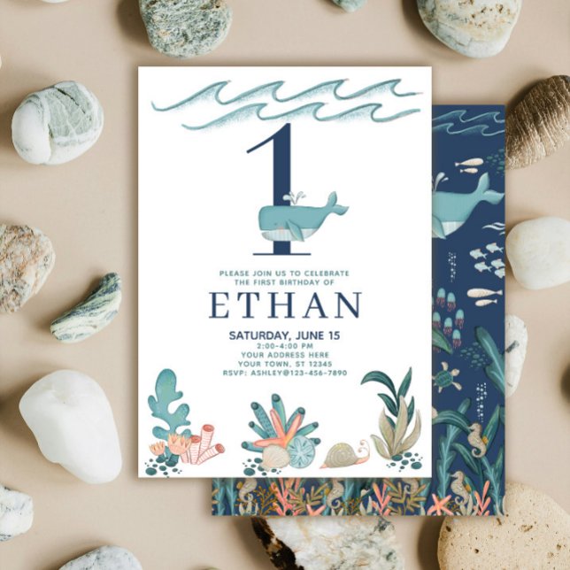 Convite primeiro aniversario Sob O Mar De Baleia Aquarela (Criador carregado)
