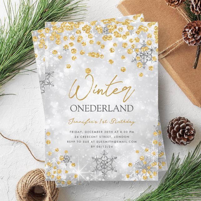 Convite Primeiro aniversario Sparkle do inverno Dourado da (Silver Gold Winter ONEDERLAND Sparkle 1st Birthday Invitation)
