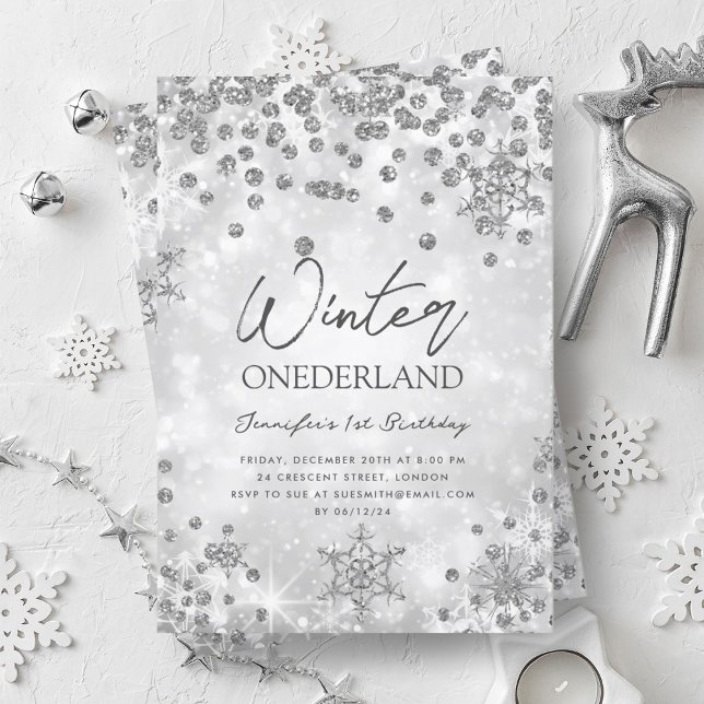 Convite Primeiro aniversario Sparkle Silver Winter ONEDERL (Silver Winter ONEDERLAND Sparkle 1st Birthday Invitation)