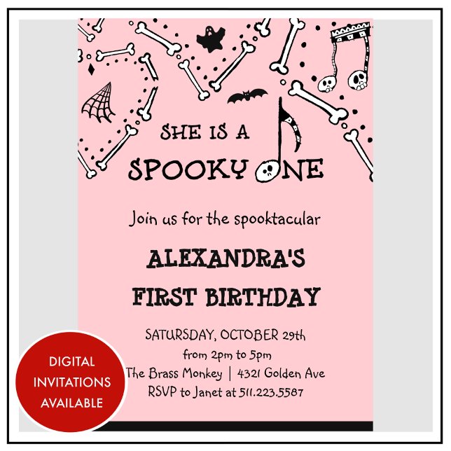 Convite Primeiro aniversario Spooktacular de Halloween do  (Halloween-1st-birthday-Invitation-Spooky-Spooktacular-Skull-pink-1)