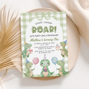 Convite Primeiro aniversario Stomp Chomp Roar Dinosaur Gin