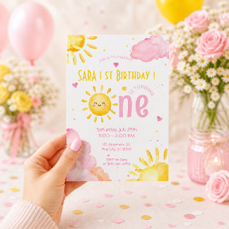 Convite Primeiro Aniversário Sunshine Pastel Menina Bebê F